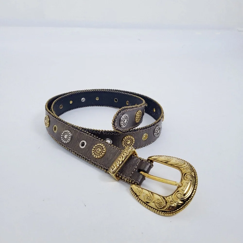 Vintage Genuine Leather Western Gold Belt adjustable silver hardware - Picture 2 of 9